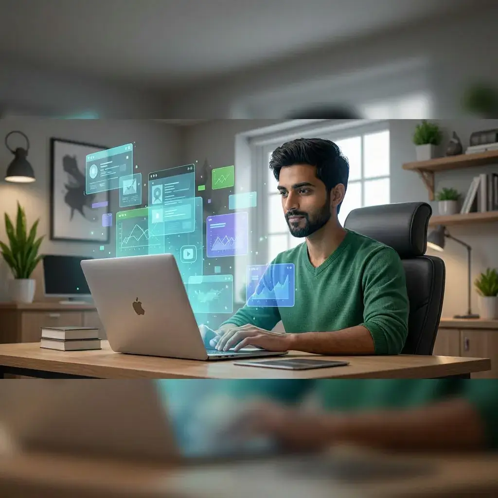 Indian man troubleshooting YouTube video downloads on a laptop