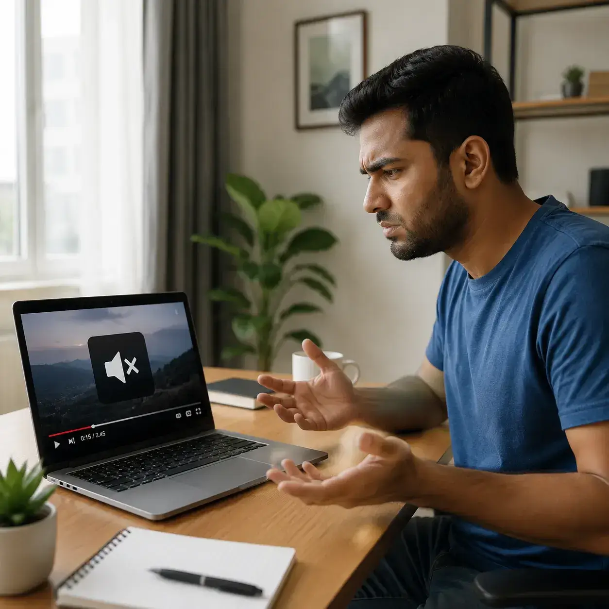 Indian man troubleshooting no sound issue on a downloaded YouTube video on his laptop